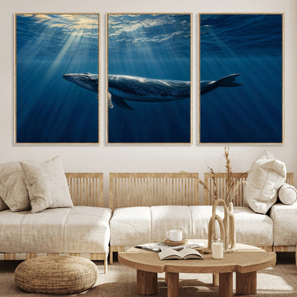 18052-MGV-CV-36X24-Whale Wall Art – Majestic Ocean Canvas Print Marine Life Underwater Sunlight Scene, Nautical Coastal Decor for Living Room,