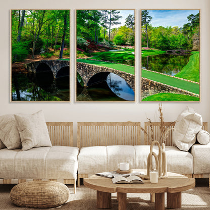 57655-MGV-FC-60X30-3P_Natural-Golf Course Wall Art – Canvas Print Scenic Green Fairway Stone Bridge Water Reflection Landscape, Classic Sports Decor for Office,
