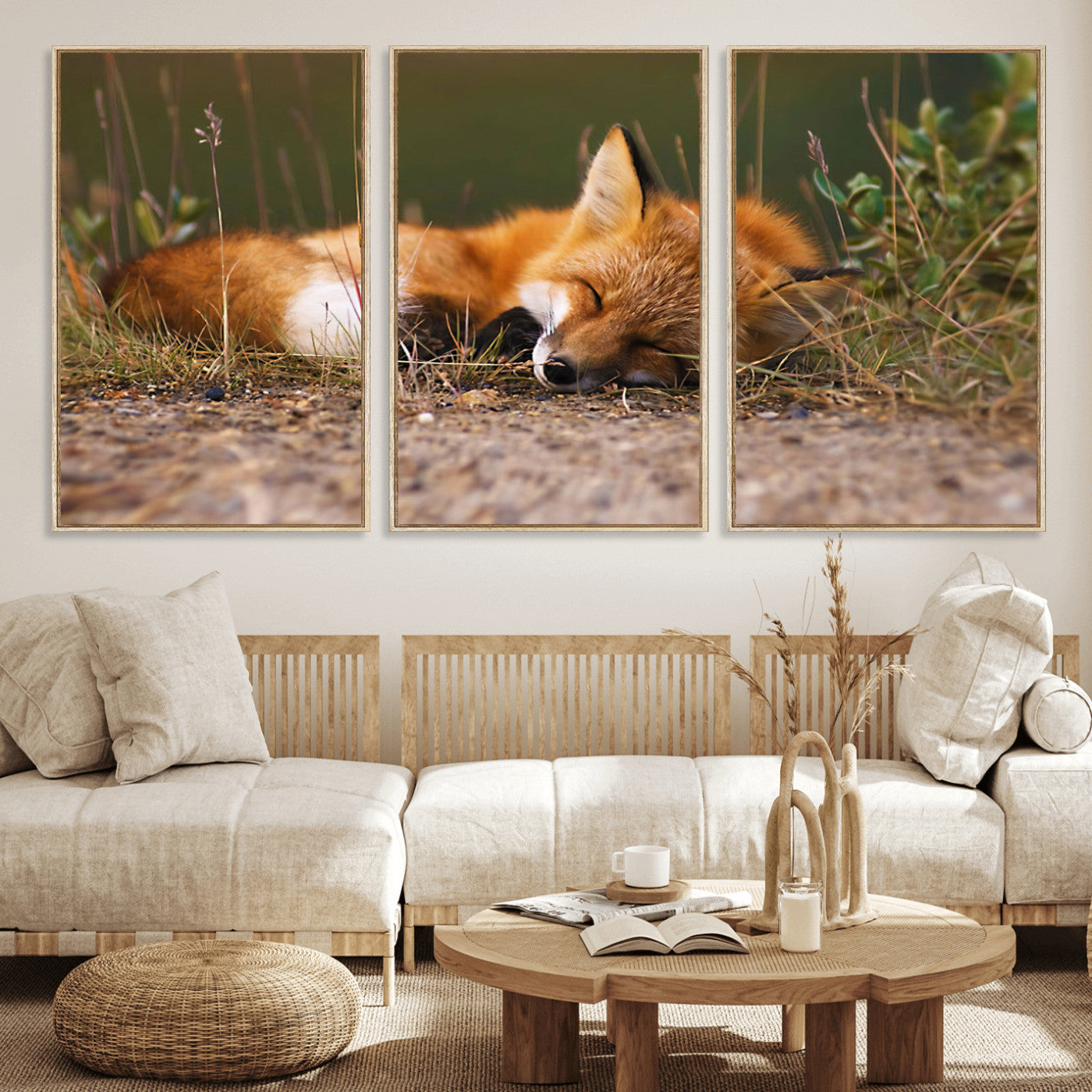 25085-MGV-FC-60X30-3P_Natural-Sleeping Fox Wall Art Canvas Print, Framed Rustic Fox Art Picture Print, Wildlife Animal Perfect Rustic Farmhouse Decor Artwork