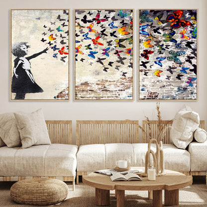 97895-MGV-FC-60X30-3P_Natural-Girl with Butterflies Wall Art – Colorful Street Art Style Canvas Print, Modern Graffiti-Inspired Butterfly Artwork for Living
