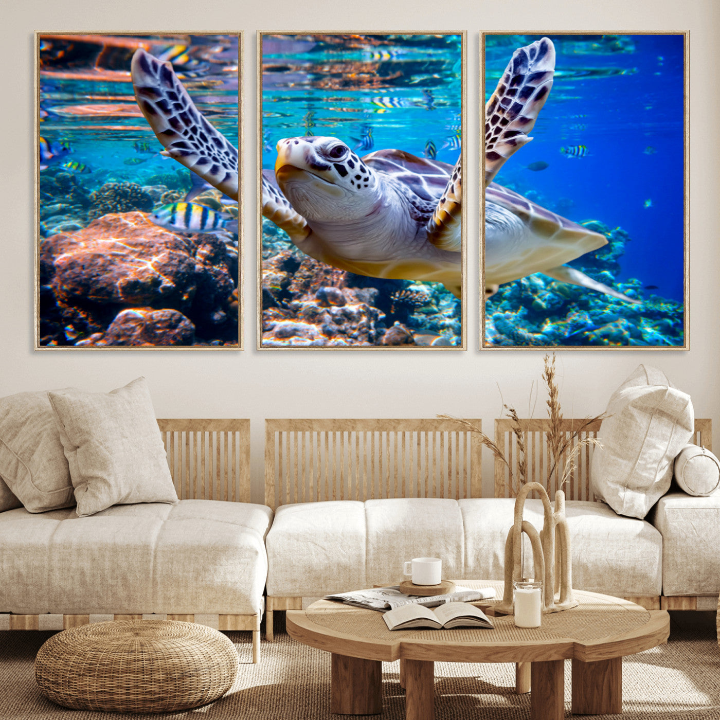 12683-MGV-FC-60X30-3P_Natural-Sea Turtle Wall Art – Graceful Ocean Canvas Print with Coral Reef and Tropical Fish, Coastal Marine Life Decor for Beach House,