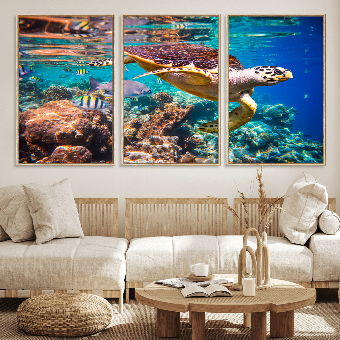 66614-MGV-FC-60X30-3P_Natural-Sea Turtle Wall Art – Hawksbill Turtle Swimming Over Coral Reef Canvas Print, Ocean Marine Life Decor for Beach House, Coastal