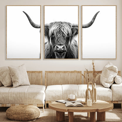 49556-MGV-FC-60X30-3P_Natural-Highland Cow Wall Art – Black and White Scottish Highland Cattle Print, Rustic Farmhouse Minimalist Animal Portrait Canvas for