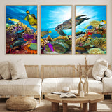 44772-MGV-FC-60X30-3P_Natural-Underwater Sea Turtle Wall Art – Vibrant Coral Reef and Tropical Fish Canvas Print, Ocean Marine Life Decor for Living Room,