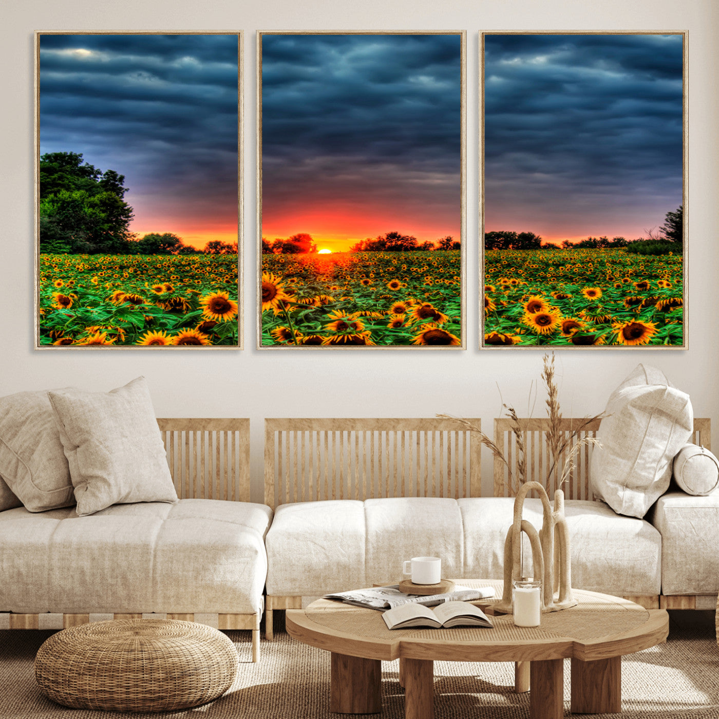 45045-MGV-CV-36X24-Sunflower Field Sunset Wall Art – Dramatic Stormy Sky Landscape Print, Vibrant Yellow Floral Nature Canvas for Living Room,