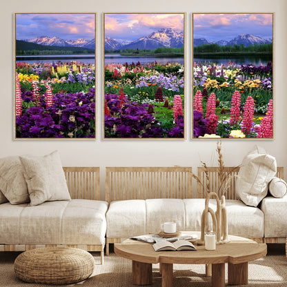 82270-MGV-FC-60X30-3P_Natural-Colorful Wildflower Meadow Landscape Wall Art – Snow-Capped Mountain Lake Sunset Print, Vibrant Nature Artwork for Living Room,