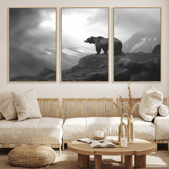 49504-MGV-FC-60X30-3P_Natural-Black and White Grizzly Bear Wall Art – Wilderness Wildlife Painting, Rustic Mountain Cabin Decor, Monochrome Animal Print for