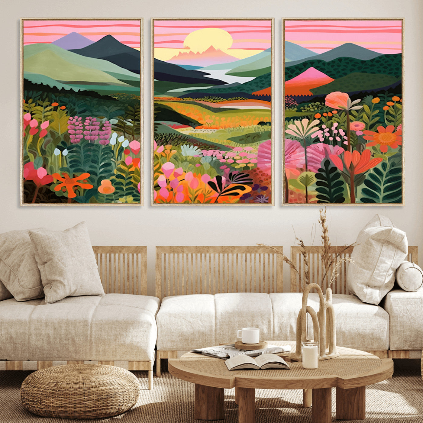 99638-MGV-FC-60X30-3P_Natural-Sunset Meadow Wall Art – Panoramic Mountain Landscape with Wildflowers Canvas Print, Vibrant Nature Decor for Living Room, Bedroom