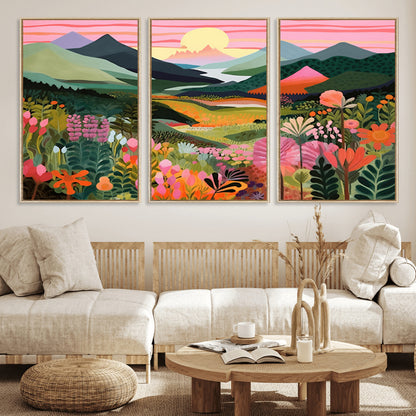 99638-MGV-FC-60X30-3P_Natural-Sunset Meadow Wall Art – Panoramic Mountain Landscape with Wildflowers Canvas Print, Vibrant Nature Decor for Living Room, Bedroom