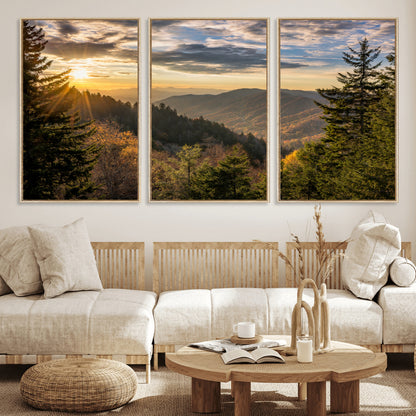 73692479-MGV-FC-60X30-3P_Natural-Smoky Mountains Wall Art Canvas Print, Framed Forest Mountain Art Picture Print, Spring Mountain Perfect Spring Style Decor