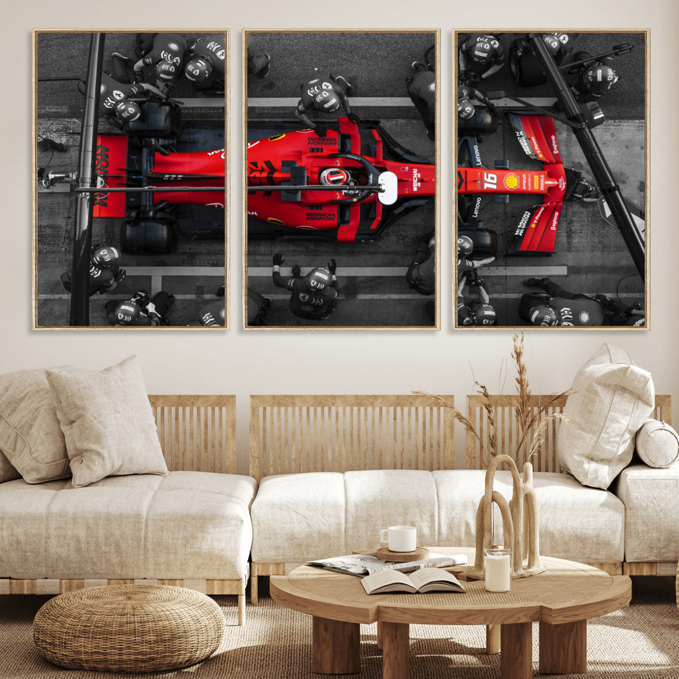 99356-MGV-FC-60X30-3P_Natural-Ferrari Pit Stop Wall Art – Formula 1 Racing Car Canvas Print, Red Speed Machine Motorsport Decor for Office, Garage, Man Cave or