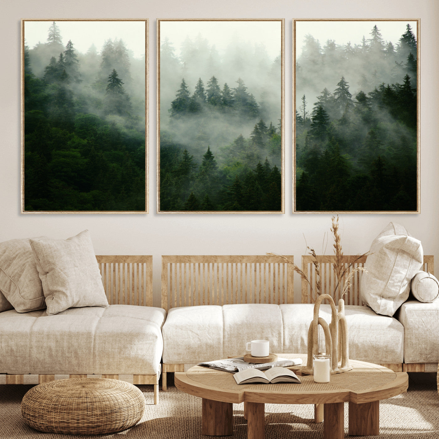 167720496-MGV-FC-60X30-3P_Natural-Misty Forest Wall Art – Serene Evergreen Trees Canvas Print, Foggy Mountain Nature Landscape Decor for Bedroom, Living Room or
