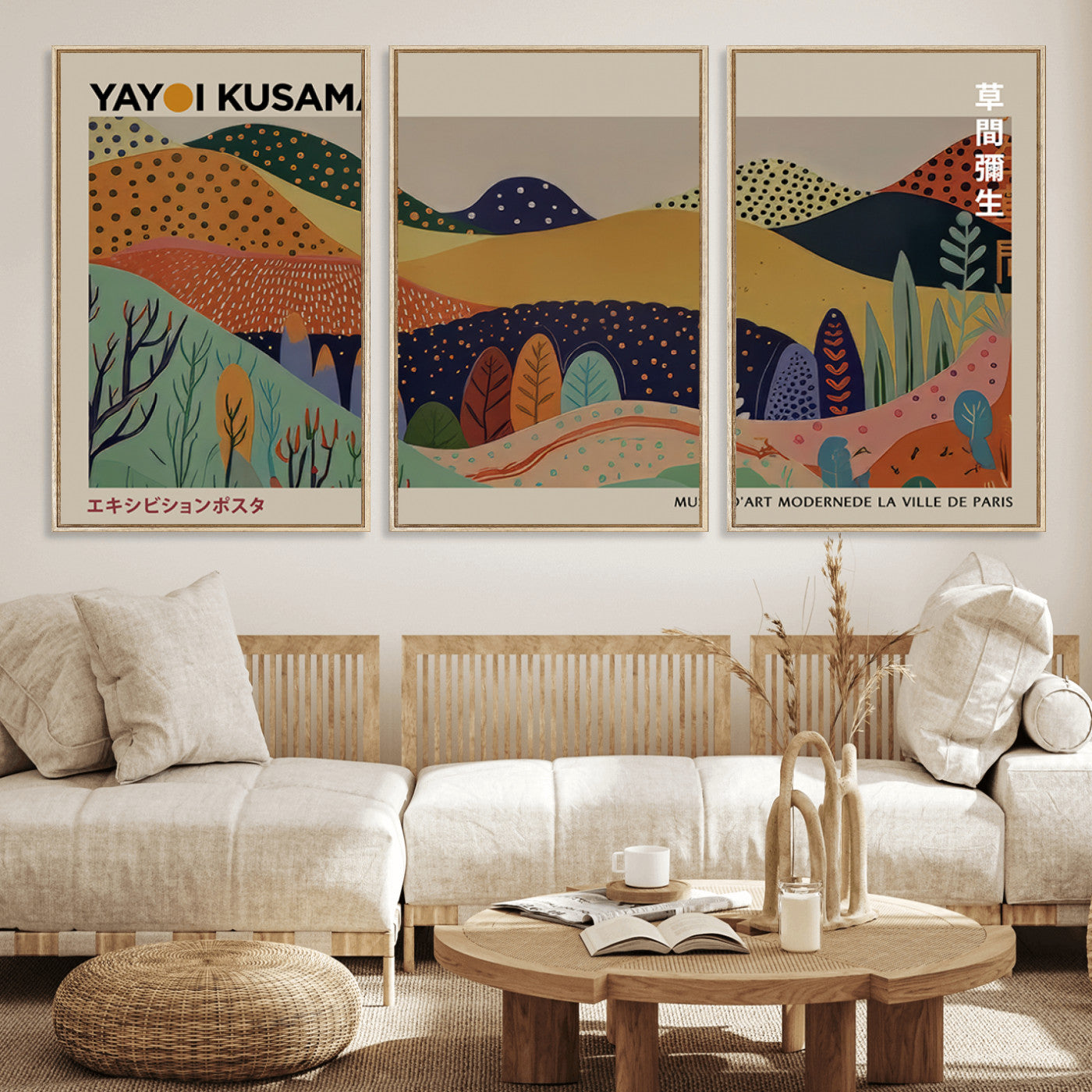 11242-MGV-FC-60X30-3P_Natural-Kusama Wall Art – Abstract Colorful Hills Canvas Print, Modern Japanese Inspired Landscape Poster for Living Room, Office or