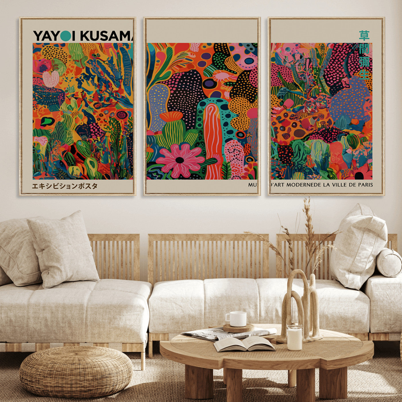 40791-MGV-FC-60X30-3P_Natural-Kusama Inspired Wall Art – Vibrant Abstract Floral Jungle Canvas Print, Bold Pop Art Botanical Decor for Living Room, Bedroom, or
