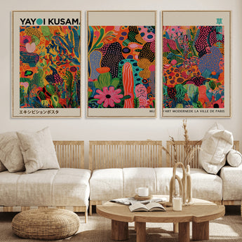 40791-MGV-FC-60X30-3P_Natural-Kusama Inspired Wall Art – Vibrant Abstract Floral Jungle Canvas Print, Bold Pop Art Botanical Decor for Living Room, Bedroom, or