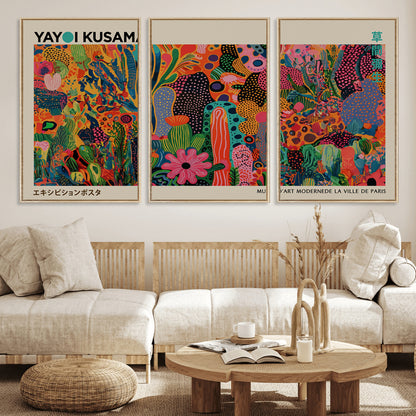 40791-MGV-FC-60X30-3P_Natural-Kusama Inspired Wall Art – Vibrant Abstract Floral Jungle Canvas Print, Bold Pop Art Botanical Decor for Living Room, Bedroom, or