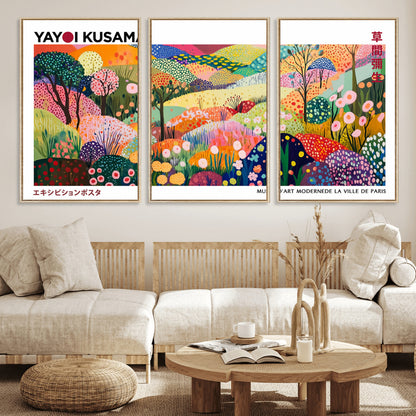 75201-MGV-FC-60X30-3P_Natural-Yayoi Kusama Floral Wall Art – Vibrant Abstract Landscape Canvas Print, Modern Pop Art Poster for Living Room, Bedroom, or Gallery