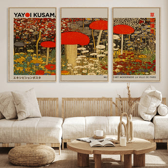 38013-MGV-FC-60X30-3P_Natural-Yayoi Kusama Inspired Mushroom Garden Wall Art – Whimsical Botanical Canvas Print, Surreal Nature Poster, Fantasy Floral Artwork