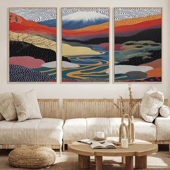 32131-MGV-FC-60X30-3P_Natural-Japanese Mount Fuji Wall Art – Abstract Landscape Canvas Print with Swirling Sky & River, Modern Minimalist Asian Inspired Poster