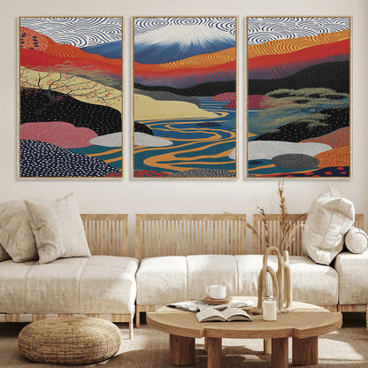 32131-MGV-FC-60X30-3P_Natural-Japanese Mount Fuji Wall Art – Abstract Landscape Canvas Print with Swirling Sky & River, Modern Minimalist Asian Inspired Poster