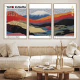 14839-MGV-FC-60X30-3P_Natural-Yayoi Kusama Wall Art – Panoramic Mountain & River Canvas Print, Modern Abstract Japanese Landscape Decor for Living Room or