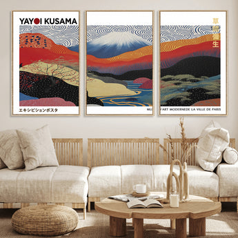 14839-MGV-FC-60X30-3P_Natural-Yayoi Kusama Wall Art – Panoramic Mountain & River Canvas Print, Modern Abstract Japanese Landscape Decor for Living Room or