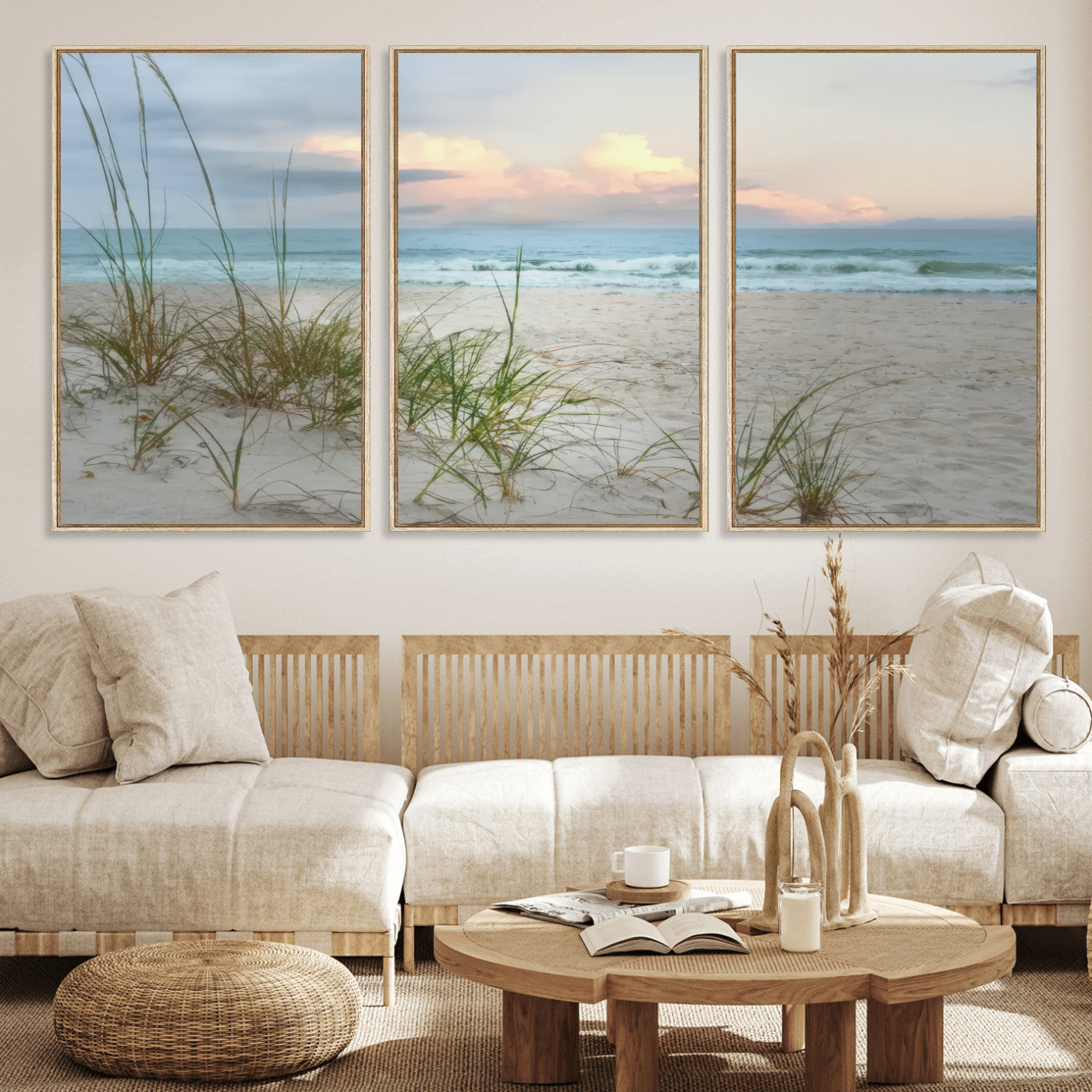 Test1001-MGV-CV-36X24-Coastal Beach Wall Art – Panoramic Ocean Waves and Sandy Dunes Canvas Print, Serene Seascape with Sea Oats for Relaxing Home or