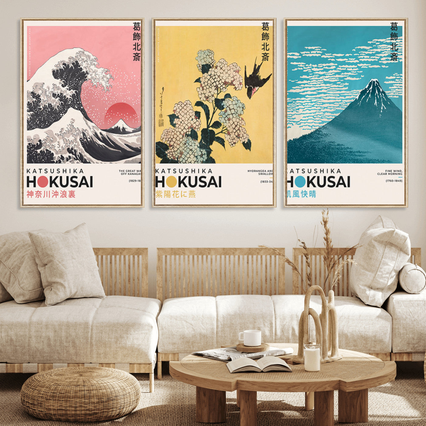 Katsushika-MGV-FC-60X30-3P_Natural-Katsushika Hokusai Wall Art Set – The Great Wave, Hydrangea and Swallow, Fine Wind Canvas Prints, Japanese Ukiyo e Style Home and