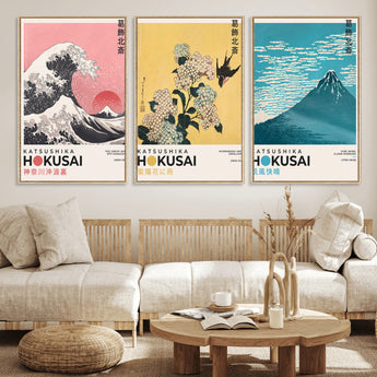 Katsushika-MGV-FC-60X30-3P_Natural-Katsushika Hokusai Wall Art Set – The Great Wave, Hydrangea and Swallow, Fine Wind Canvas Prints, Japanese Ukiyo e Style Home and