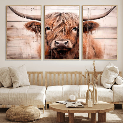 93730-MGV-FC-60X30-3P_Natural-Scottish Cow Wall Art Canvas Print, Framed Longhorn Cow Art Picture Print, Highland Cattle Perfect Rustic Farmhouse Decor Artwork