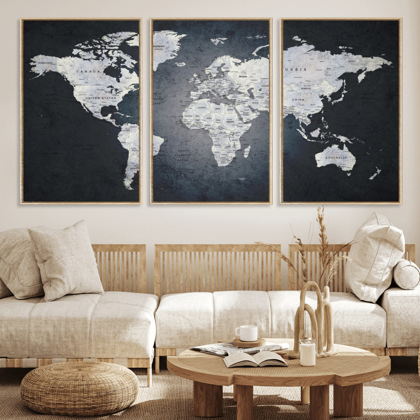19124-MGV-CV-36X24-Modern World Map Wall Art – Black and White Canvas Print, Minimalist Global Map Decor for Office, Study, Bedroom or Living Room