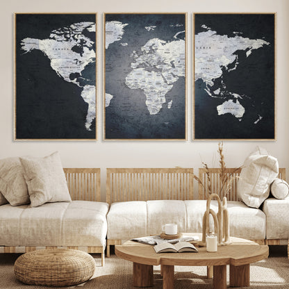 19124-MGV-CV-36X24-Modern World Map Wall Art – Black and White Canvas Print, Minimalist Global Map Decor for Office, Study, Bedroom or Living Room