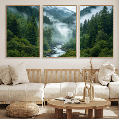 69453-MGV-FC-60X30-3P_Natural-Mountain Forest Wall Art – Misty River and Evergreen Landscape Canvas Print, Nature Photography Poster for Living Room, Bedroom,