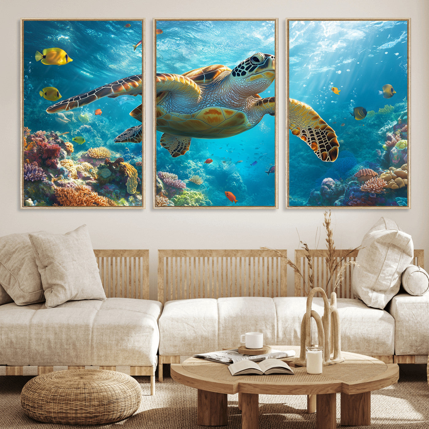 37623-MGV-FC-60X30-3P_Natural-Sea Turtle Wall Art – Underwater Ocean Canvas Print with Coral Reef and Tropical Fish, Marine Life Painting Poster for Living