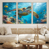 37623-MGV-FC-60X30-3P_Natural-Sea Turtle Wall Art – Underwater Ocean Canvas Print with Coral Reef and Tropical Fish, Marine Life Painting Poster for Living