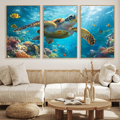 37623-MGV-FC-60X30-3P_Natural-Sea Turtle Wall Art – Underwater Ocean Canvas Print with Coral Reef and Tropical Fish, Marine Life Painting Poster for Living