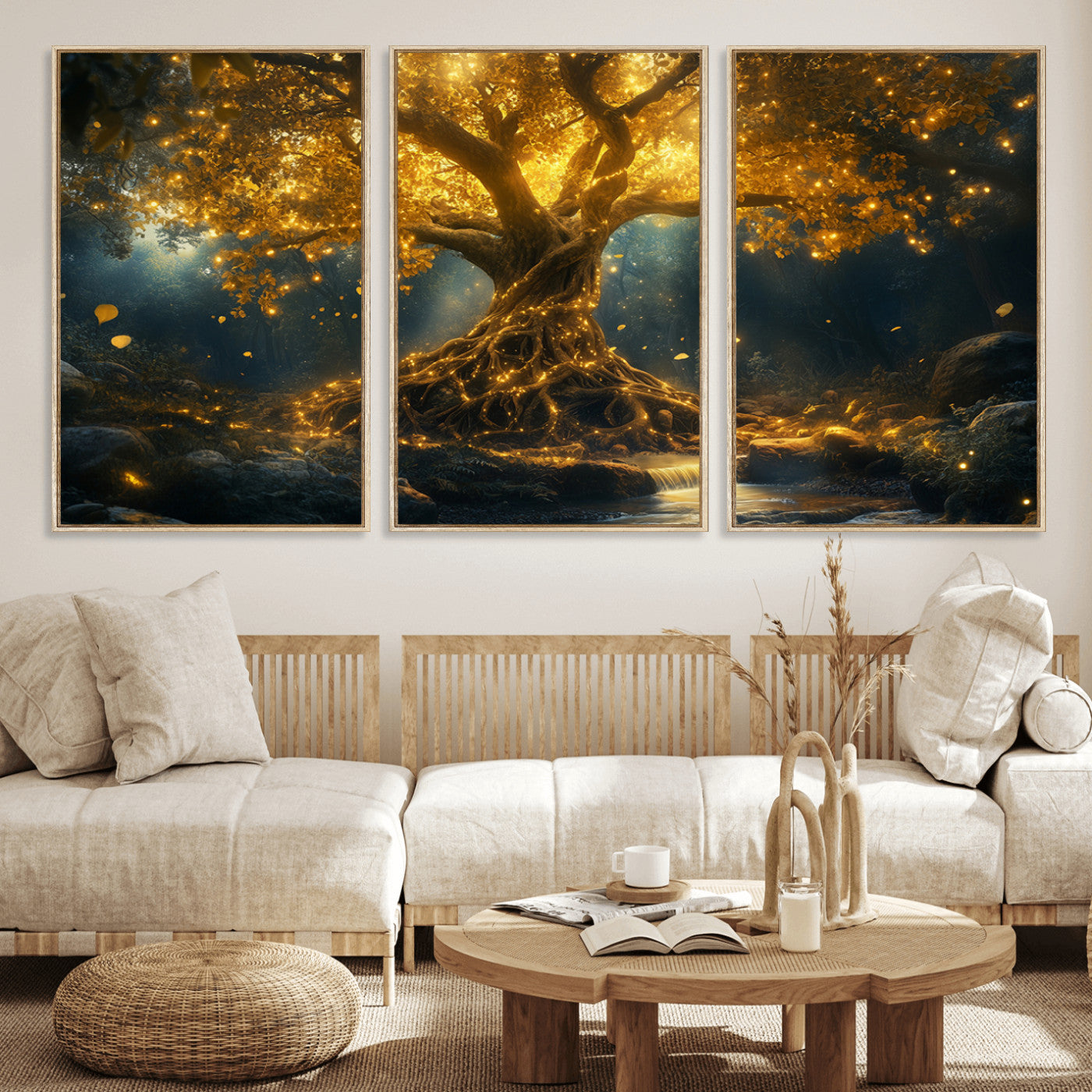 92739-MGV-FC-60X30-3P_Natural-Glowing Tree Wall Art – Enchanted Golden Forest Canvas Print, Mystical Illuminated Nature Painting Poster for Living Room,