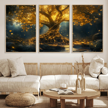 92739-MGV-FC-60X30-3P_Natural-Glowing Tree Wall Art – Enchanted Golden Forest Canvas Print, Mystical Illuminated Nature Painting Poster for Living Room,