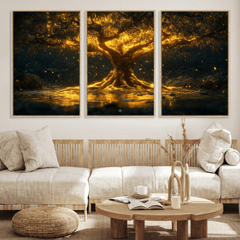 59580-MGV-FC-60X30-3P_Natural-Glowing Tree Wall Art – Golden Fantasy Nature Canvas Print, Mystical Illuminated Tree Painting Poster for Living Room, Bedroom,