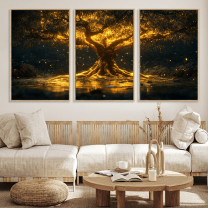 59580-MGV-FC-60X30-3P_Natural-Glowing Tree Wall Art – Golden Fantasy Nature Canvas Print, Mystical Illuminated Tree Painting Poster for Living Room, Bedroom,