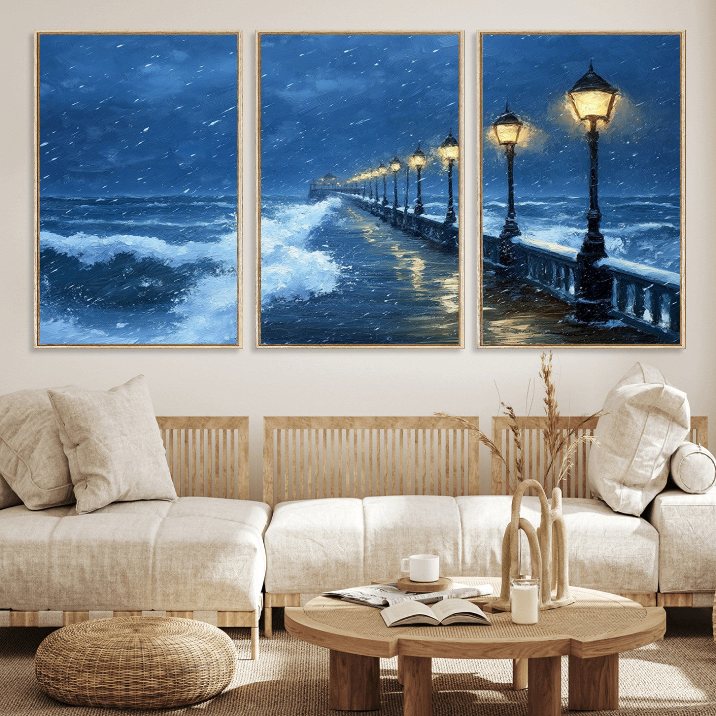 32668-MGV-FC-60X30-3P_Natural-Stormy Pier Wall Art – Ocean Waves and Street Lamps Canvas Print, Rainy Night Seascape Oil Painting Poster for Living Room,