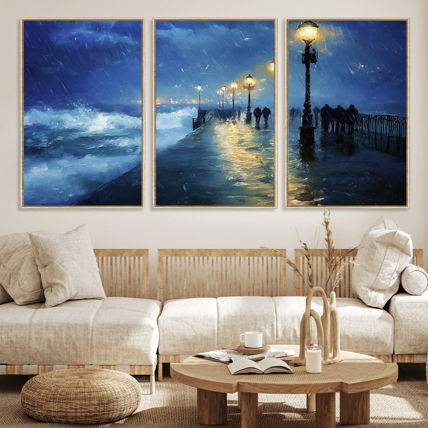 76572-MGV-FC-60X30-3P_Natural-Stormy Night Pier Wall Art – Ocean Waves and Street Lamps Canvas Print, Rainy Seascape Oil Painting Poster for Living Room,