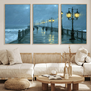 79606-MGV-CV-36X24-Rainy Pier Night Wall Art – Ocean Waves and Street Lamps Canvas Print, Moody Seascape Oil Painting Poster for Living Room,