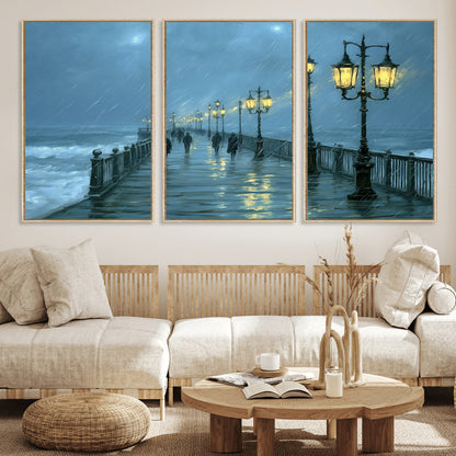 79606-MGV-CV-36X24-Rainy Pier Night Wall Art – Ocean Waves and Street Lamps Canvas Print, Moody Seascape Oil Painting Poster for Living Room,