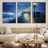 94571-MGV-FC-60X30-3P_Natural-Seaside Night Wall Art – Ocean Waves and Street Lamps Canvas Print, Rainy City Pier Oil Painting Poster for Living Room, Bedroom,
