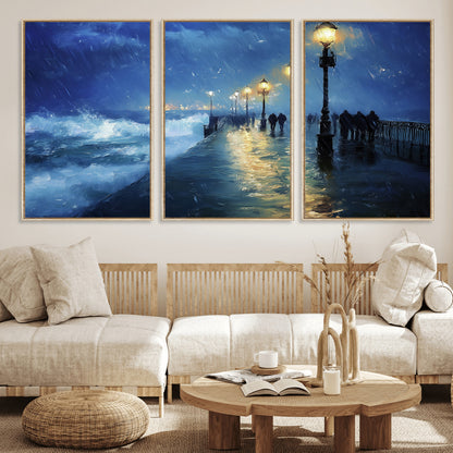 94571-MGV-FC-60X30-3P_Natural-Seaside Night Wall Art – Ocean Waves and Street Lamps Canvas Print, Rainy City Pier Oil Painting Poster for Living Room, Bedroom,