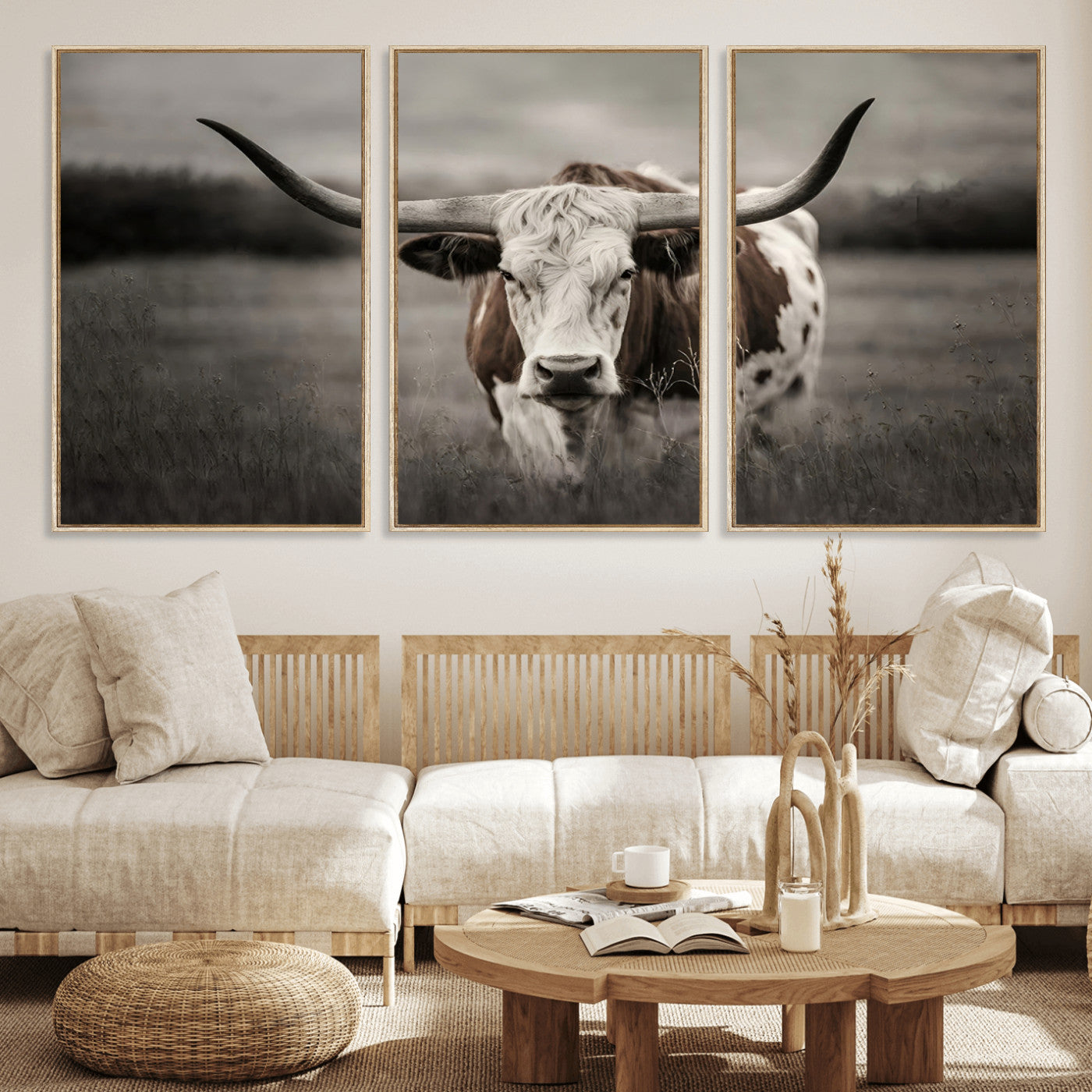 69238-MGV-FC-60X30-3P_Natural-Longhorn Bull Wall Art – Rustic Black and White Texas Cattle Canvas Print, Western Farmhouse Animal Photography for Living Room,