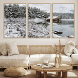94285-MGV-CV-36X24-Snowy Cabin Wall Art Canvas Print, Framed Winter Cabin Art Picture Print, Mountain Lake Perfect Snowy Nature Decor Artwork