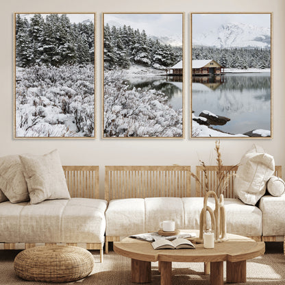 94285-MGV-CV-36X24-Snowy Cabin Wall Art Canvas Print, Framed Winter Cabin Art Picture Print, Mountain Lake Perfect Snowy Nature Decor Artwork
