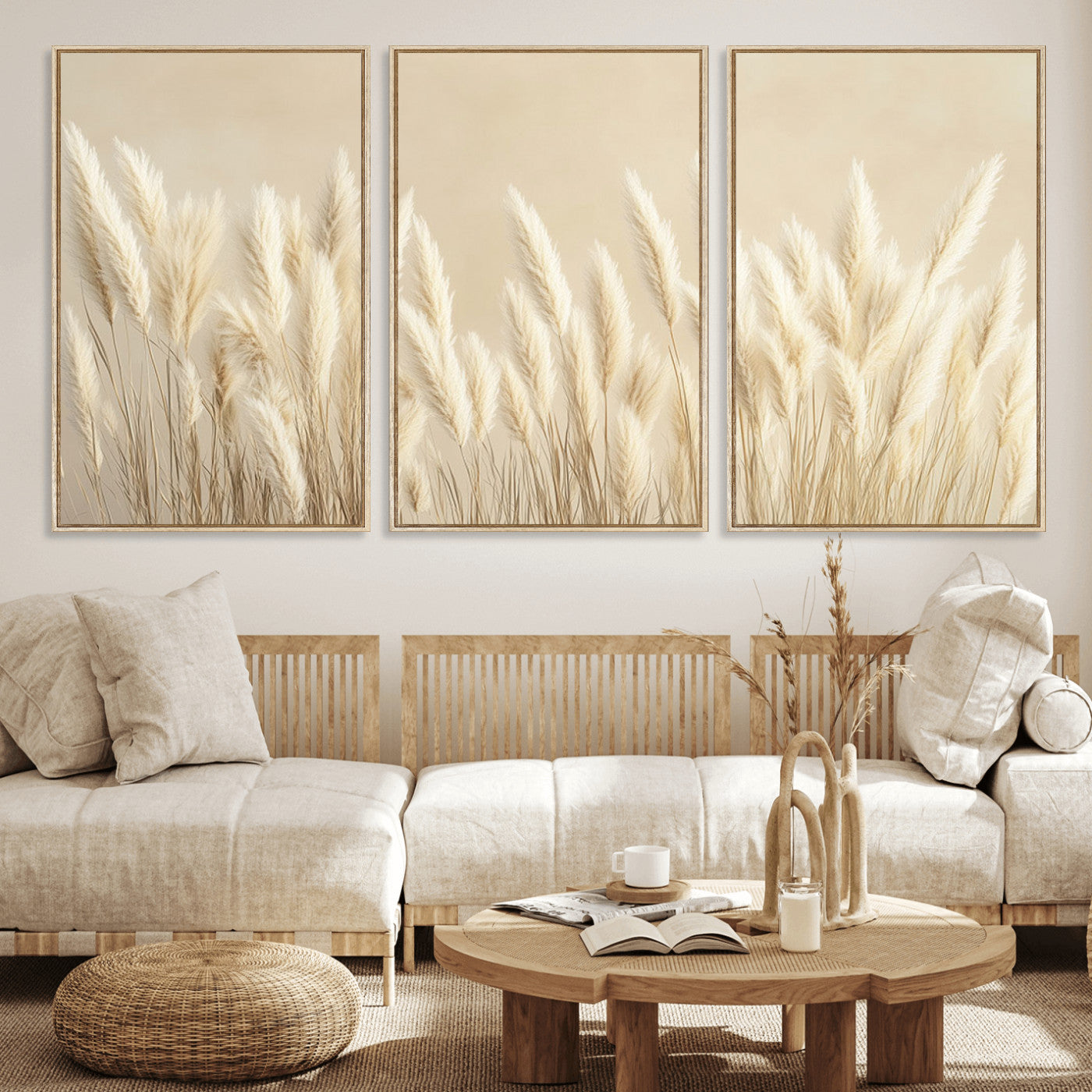 81444-MGV-CV-36X24-Pampas Grass Wall Art Canvas Print, Framed Beige Pampas Grass Art Picture Print, Minimalist Beige Perfect Minimalist Nature Decor
